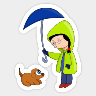 The girl and the dog on a rainy day Sticker